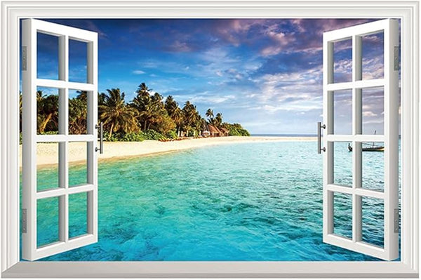 Winhappyhome Blue Sea Sky Beach Scene 3D Fake Window Wall Stickers for Bedroom Living Room Coffee Shop Background Removable Decor size 60x90  xh0998c
