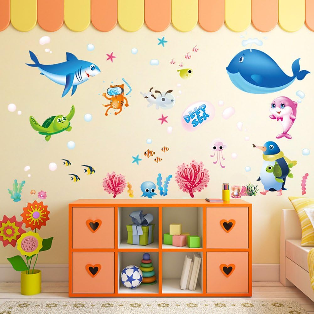 Xl7225Cartoon Animals Wall Stickers Photo Frames Removable Wall Decals Home Decor PVC Art Mural Baby Boys Girls Kids Bedroom Kitchen Decoration Posters Wall Sticker (Whale Shark Dolphin Sea Aniamls)