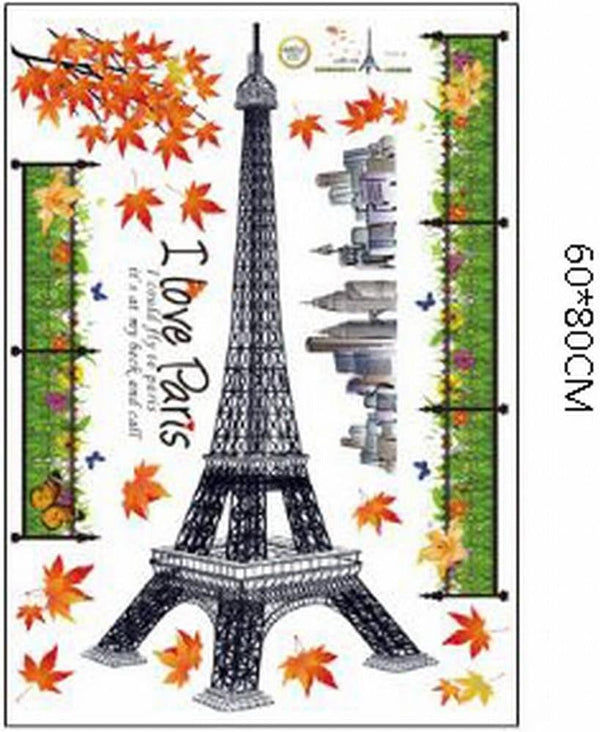 Wall Sticker Paris Eiffel Tower Autumn Red Maple Leaf Park Flower Banner European City Landscape for Living Room Bedroom Decoration, size 60x90 (MJ9503)