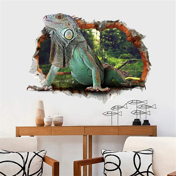 Xh7231 EWQHD Lizard 3D View Wall Sticker Real Animal Wallpapers Through Wall Green Lizard Decals Kids Room Decoration Boys Gifts