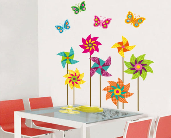 DNVEN 30 inches x 35 inches Windmill Butterflies Removable PVC Flowers Wall Decals Stickers Decor for Girls Rooms Bedroom Nursery size 50x70 jm8326