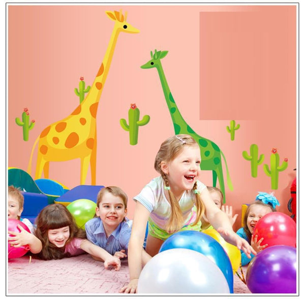 Ay7035 Colourful Green Yellow Giraffe Friends Cartoon Kids Self Adhesive Home Décor Wall Sticker