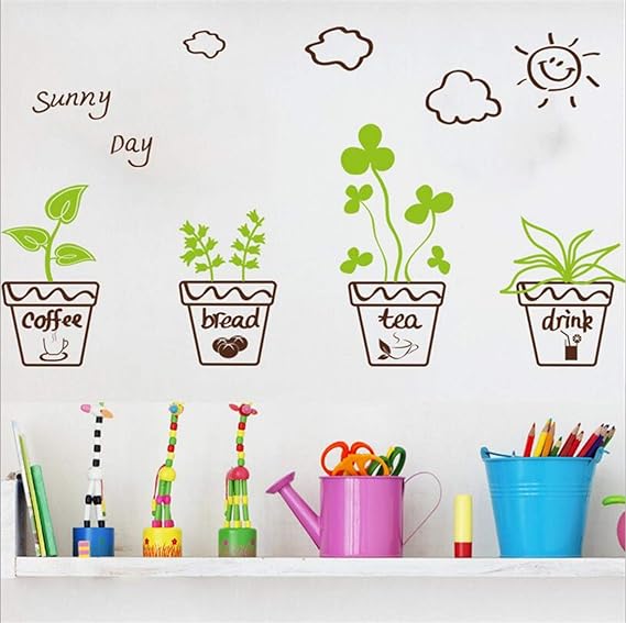 Cartoon Green Plants Wall Sticker DIY Removable Potted Murals Decoration Sunny Day Pastoral Floral Wall Decals Window Sticker Letter Bonsai Sticker Xh5411c