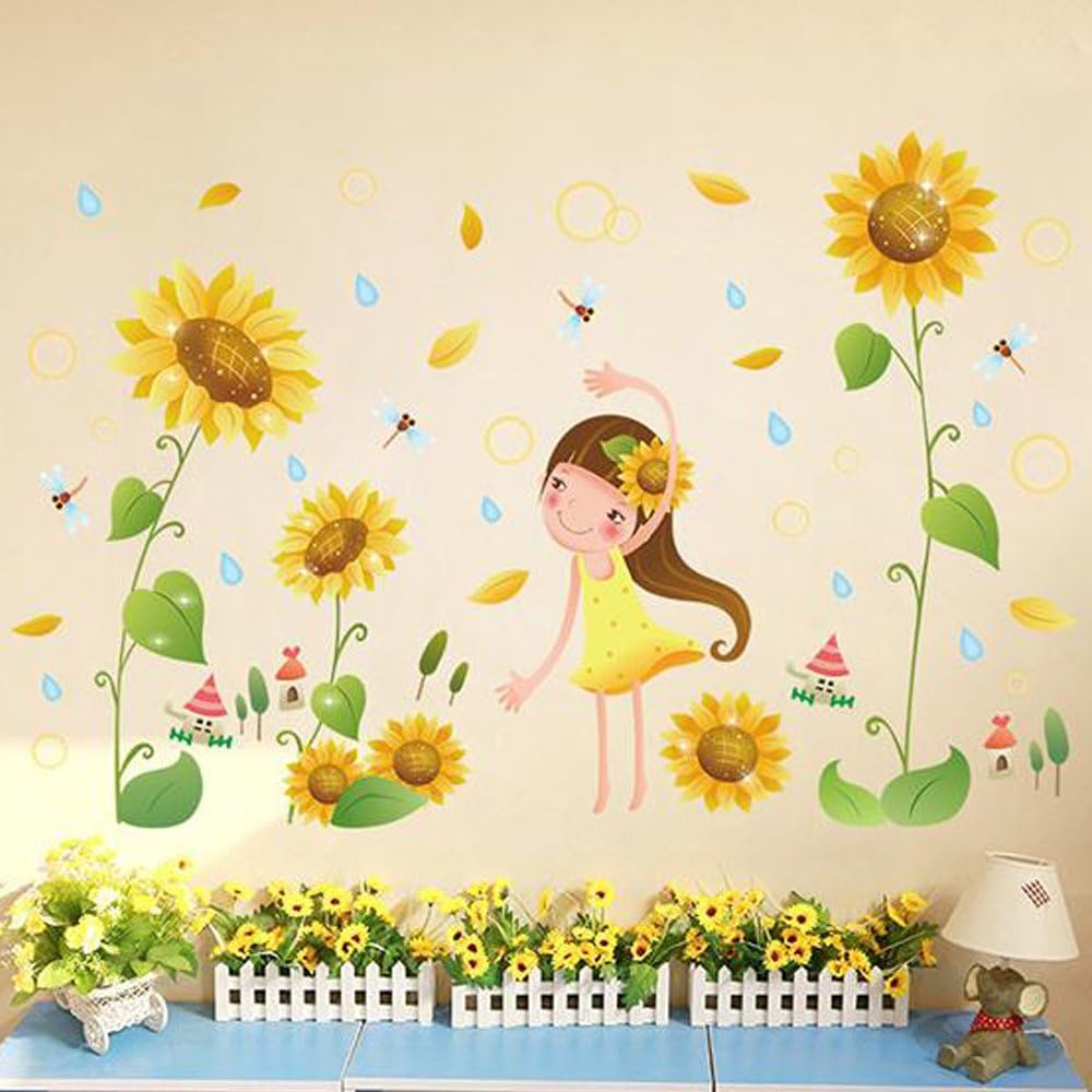fashionbeautybuy Girl Sunflower Flowers Dragonfly Wall Sticker Decal Home Decor PVC Murals Wallpaper House Art Picture Living Room Adult Senior Teen Kids Baby Bedroom Decoration size 50x70 xls7192
