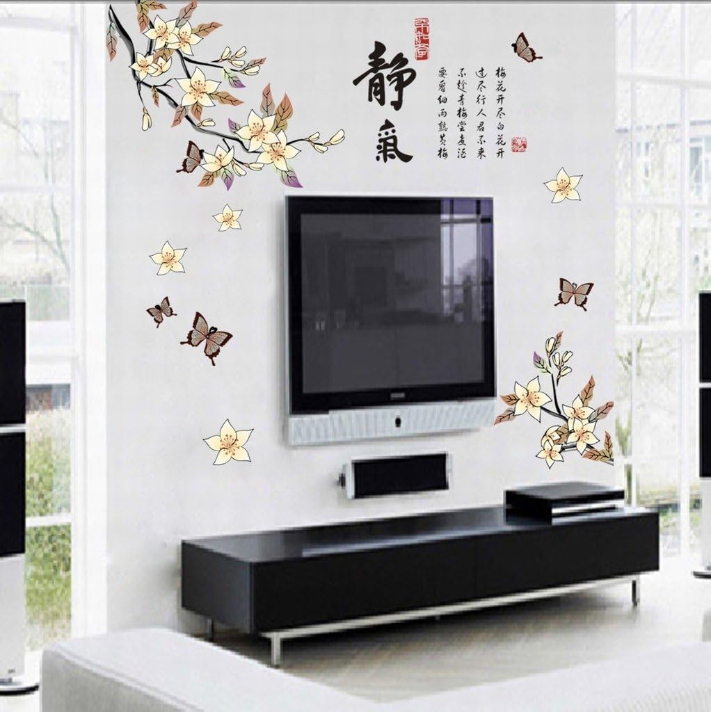 ay9170Wall Stickers Chinese Calligraphy Ink Quiet Quotes with Magnolia Flower Colorful Butterfly Pantings for Home Decals Mural Bedroom Office Sitting Room Sofa TV Background (GHDLX916)