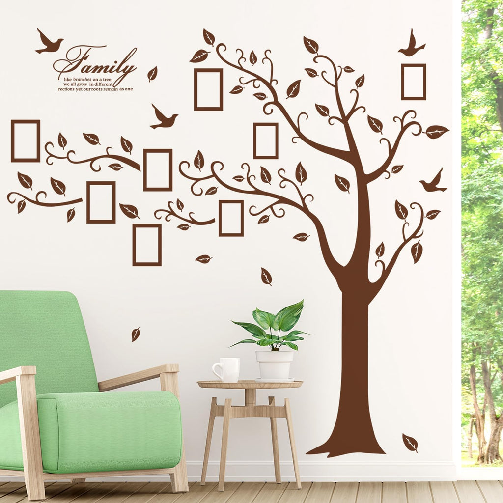 Large Family Photo Tree Wall Sticker 3D Peel and Stick Vinyl Photo Frame Tree Wall Decals Removable Quotes Leaf and Birds Wall Decor for Home Kids Bedroom
