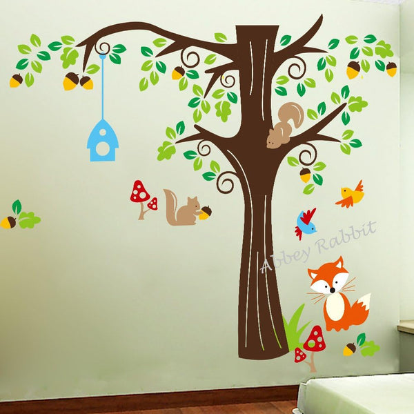 Nursery Wall Stickers Acorn Tree and Woodland Animals Squirrel, Fox and Birds, Rmovable and Repositionable for Kids Bedroom Walls size  180x270 zy1204ab
