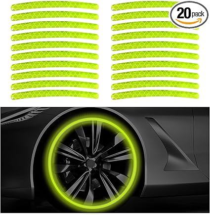 20 PCS Car Wheel Reflective Stickers, Anti-Scratch Night Safety Warning Tape Stripe Sticker, Exterior Fluorescent Decorative Tire Rims Decal for Vehicles, Car Accessories (Green)