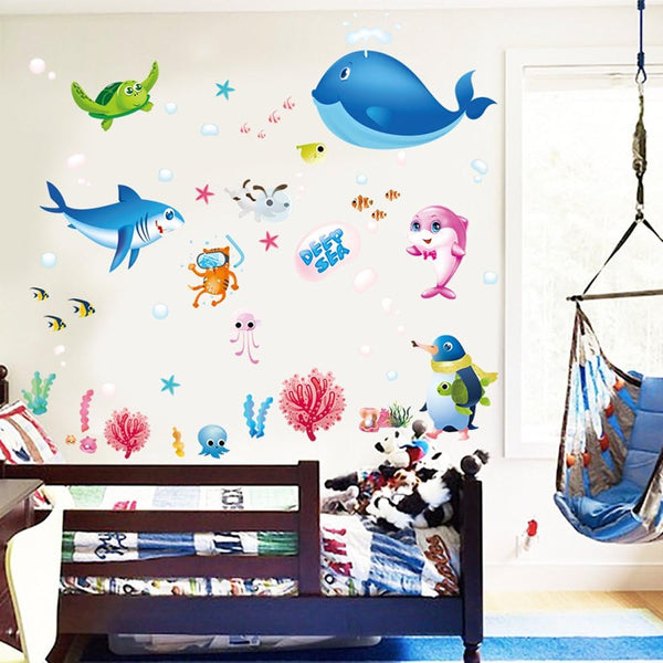 Xl7225Cartoon Animals Wall Stickers Photo Frames Removable Wall Decals Home Decor PVC Art Mural Baby Boys Girls Kids Bedroom Kitchen Decoration Posters Wall Sticker (Whale Shark Dolphin Sea Aniamls)