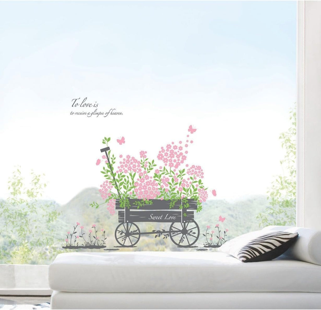 DM570049 Gardens Theme Adhesive Rooms Walls Vinyl DIY Stickers / Murals / Decals / Tattoos / Transfers With Wheelbarrow And Pink Flowers By VAGA