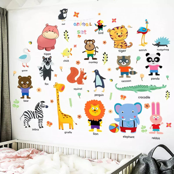 3D Cartoon Wall Sticker Animal Wall Stickers Kids Room Baby Bedroom Decoration Zoo English Letters Kindergarten Early Education Learning Sticker size 60x90 hm92025