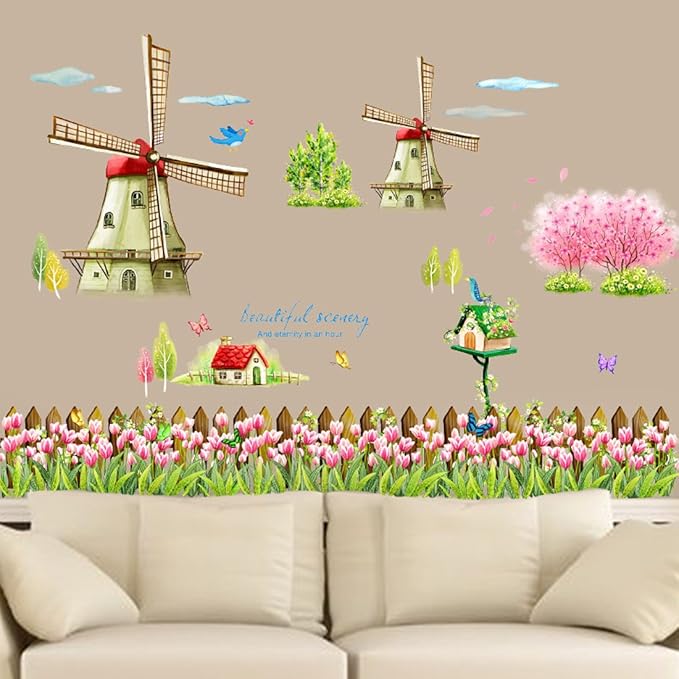 Decorative wall decal, Dutch windmill design, tulip flowers, butterflies, birds and birds size 60x90  xh1110c