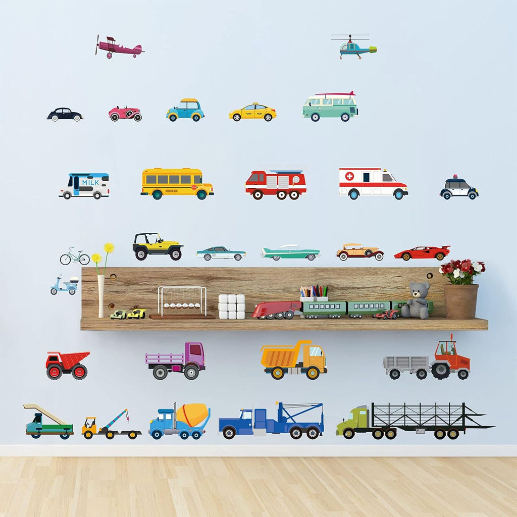 decalmile Cars Wall Stickers Transports Kids Room Wall Decor Peel and Stick Wall Decals for Boys Children's Room Nursery Bedroom Classroom