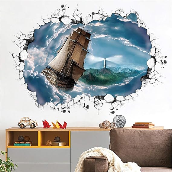Ampire Wall Stickers 3D Ship Sailing in Thunderstorm Sea Creative Self-Adhesive Vinyl size 60x90  xh9290