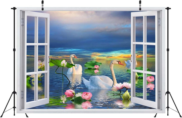10x8ft Fabric Summer Lotus Lake Window Backdrop Picturesque Swan Lake Lotus Pond Scenery Background Home Wall Decor Photoshoot Studio Props size 50x70 sk7019b