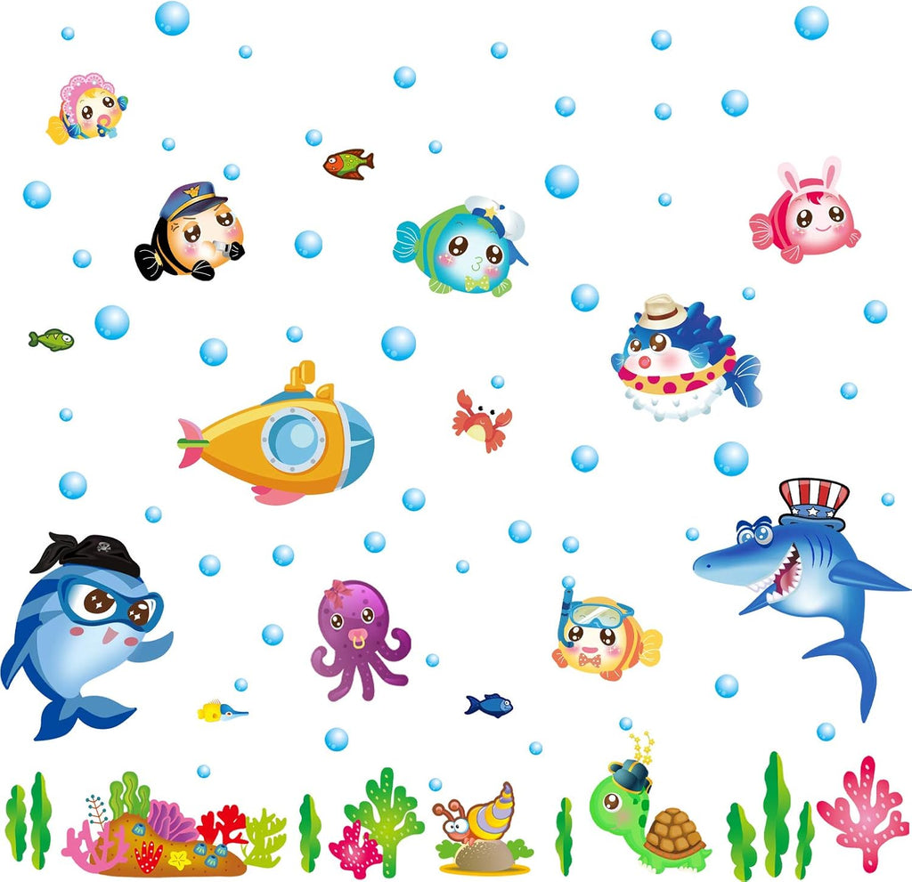 Sk7070 Sticker Ocean Wall Decal for Kids Toddler Baby Shark Turtle Fish bubbles