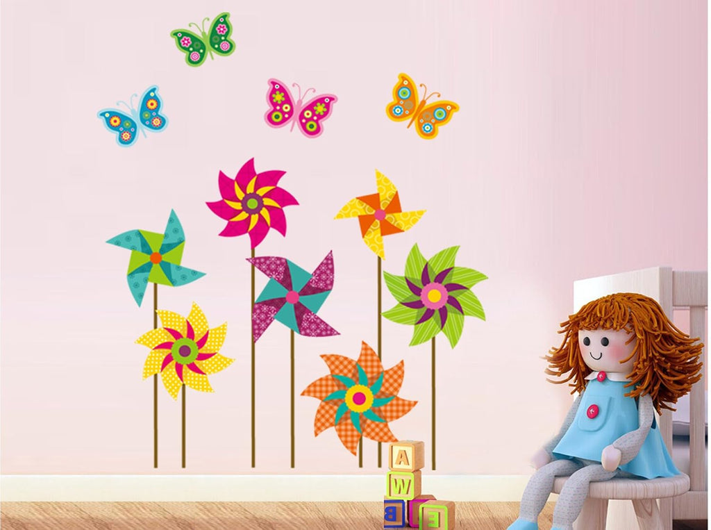 DNVEN 30 inches x 35 inches Windmill Butterflies Removable PVC Flowers Wall Decals Stickers Decor for Girls Rooms Bedroom Nursery size 50x70 jm8326