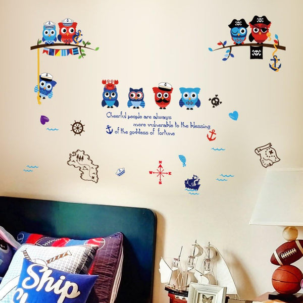 Wallpark Cartoon Cute Pirate Owl Sea Sailboat Map Removable Wall Sticker Decal, Children Kids Baby Home Room Nursery DIY Decorative Adhesive Art Wall Mural size 50x70 sk7103