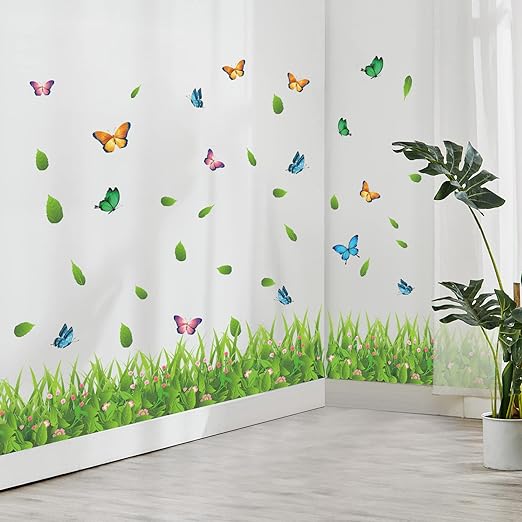 XL7180 Supzone Green Grass Wall Corner Decals Flower Butterfly Baseboard Skirting Line Wall Art Sticker for Bedroom Living Room Kitchen Wall Decor Home Decoration