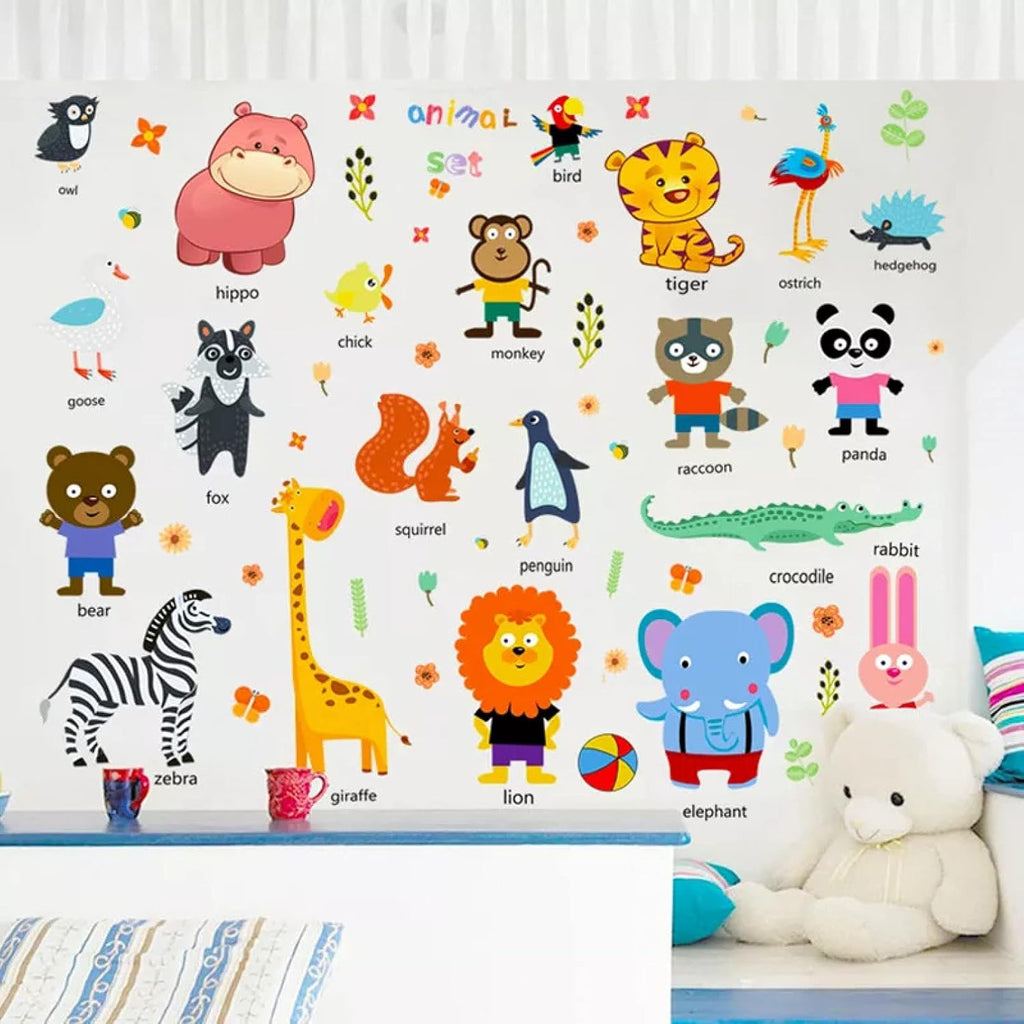 3D Cartoon Wall Sticker Animal Wall Stickers Kids Room Baby Bedroom Decoration Zoo English Letters Kindergarten Early Education Learning Sticker size 60x90 hm92025