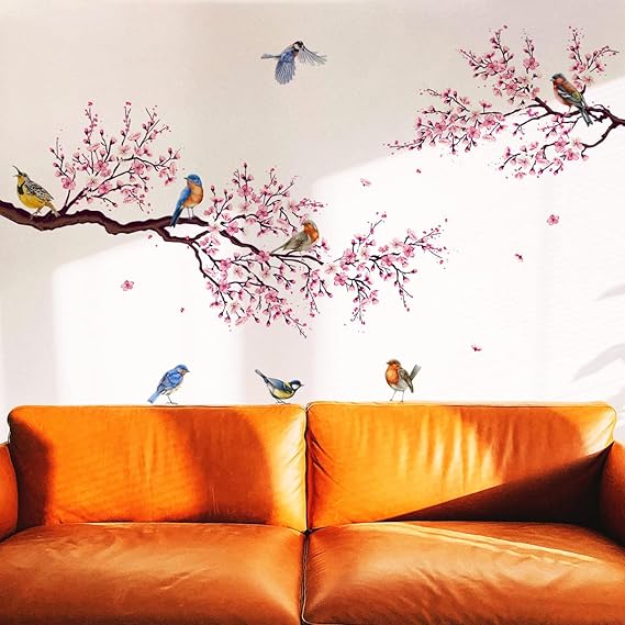 Pink Peach Blossom Flowers Branch Birds Floral Wall Stickers for Bedroom Living Room Furniture Background Wall Decals Murals PVC size (60x90) xh6021