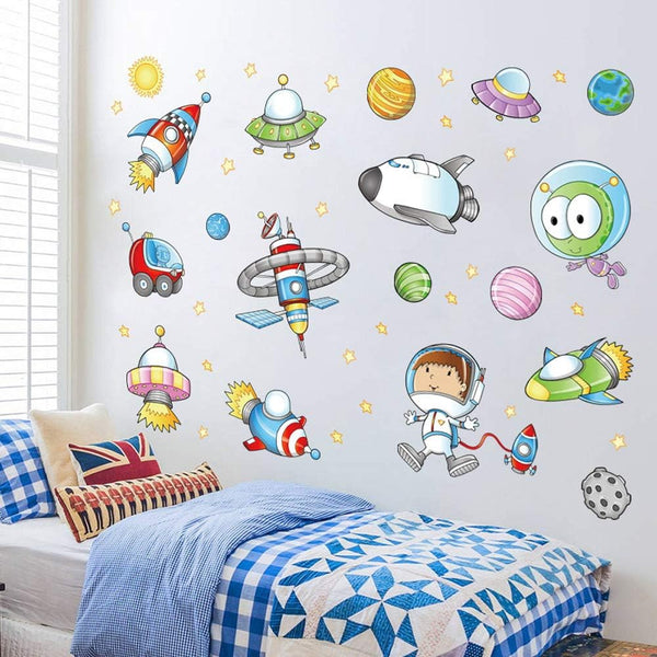 Space Astronaut Cartoon Wall Sticker Kids Room Outer Space Planet Galaxy Rocket Ship Decorative Wall Murals For Child's Favor size 50x70 xls7239