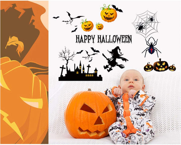 Unique Bargains Halloween Pumpkin Witch Moon Bat Pattern Wall Sticker Black