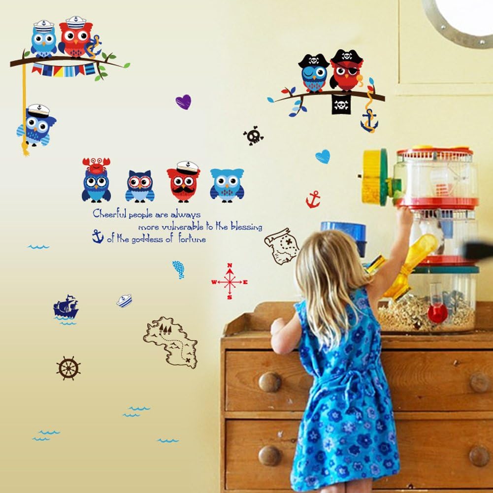 Wallpark Cartoon Cute Pirate Owl Sea Sailboat Map Removable Wall Sticker Decal, Children Kids Baby Home Room Nursery DIY Decorative Adhesive Art Wall Mural size 50x70 sk7103