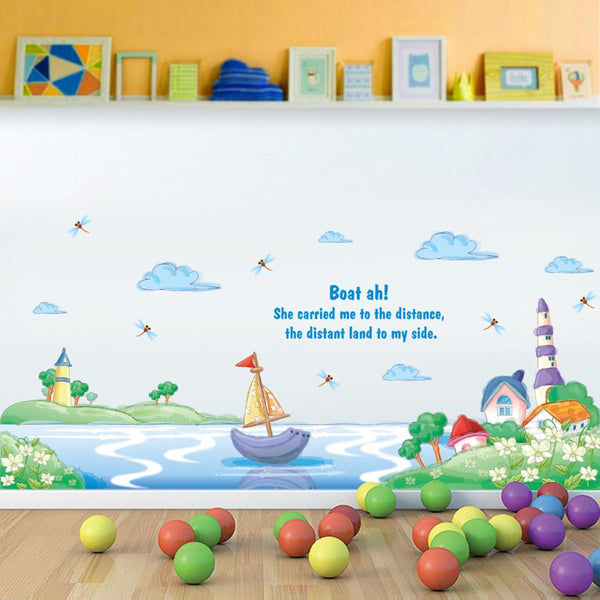 Decals Design Border Design Kids Room School Decoration Boat on Sea Shore Wall Sticker (PVC Vinyl, size 50x70 xls7175