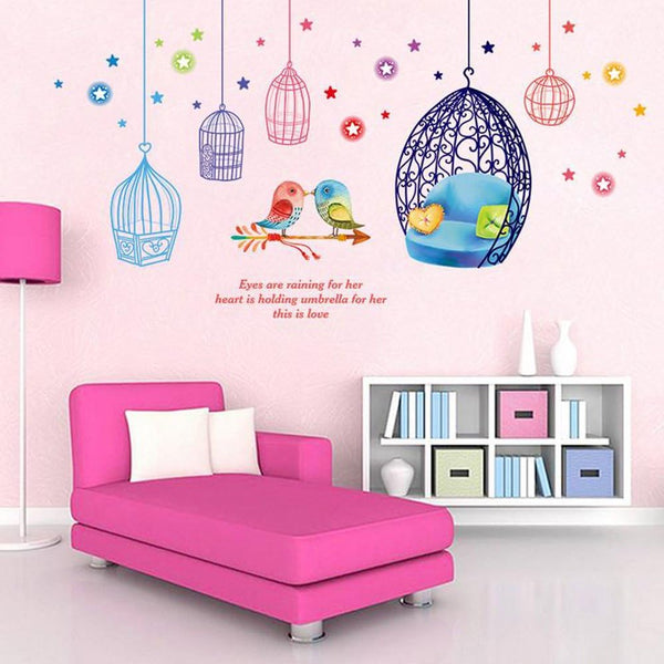 Colorful Flowers Butterflies Trees Cartoon Animal Wall Stickers Removable Home Decor PVC Mural Art Wall Baby Boys Girls Bedroom Kitchen Room Decoration (Adorable Bird Cage) size 50x70 xls7190