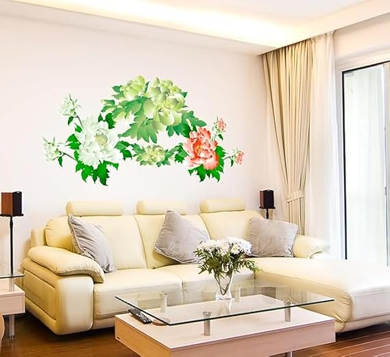 JAAMSO ROYALS Red and White with Green Leaves Design Self Adhesive Peel and Stick Decorative Wall Sticker for Wall Decor and Home Decor (60CM X 90CM)