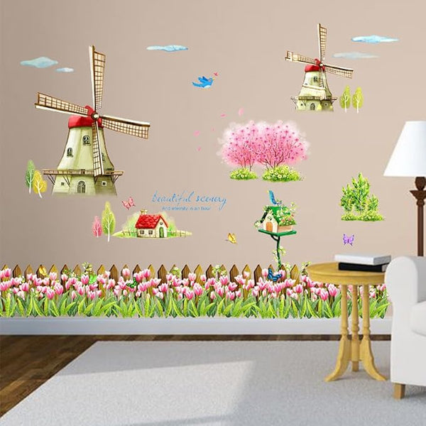 Decorative wall decal, Dutch windmill design, tulip flowers, butterflies, birds and birds size 60x90  xh1110c
