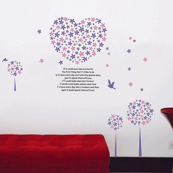 Lavender Flower Wall Sticker Dinding Motif Love  Purple heart decal Size:60x90 Lm8007