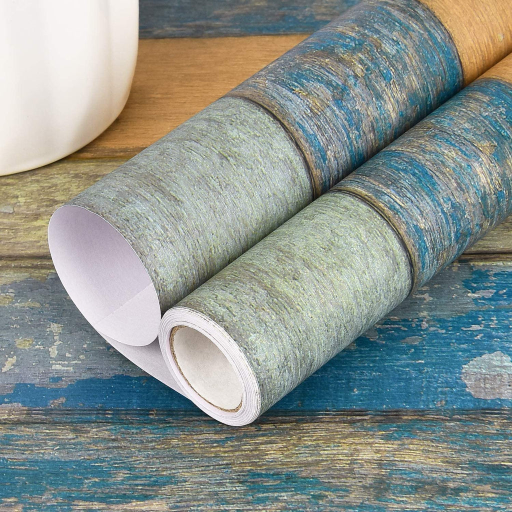 WENMER 17.71" x 118" Wood Plank Contact Paper Wallpaper Distressed Wood Textured Peel and Stick Wallpaper Blue Green Yellow Strips Self-Adhesive Wallpaper roll for Walls Shelves Drawers Furniture Room
