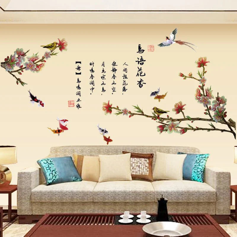 【BestGO】Chinese Style Home Office Decor Wall Stickers Flower Bedroom Living Room Sofa Wall Art Room Decoration Aesthetic Mural Wallpaper size 60x90 xl8140