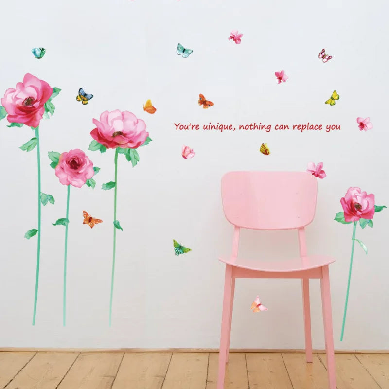 Colorful Butterflies Wall Stickers Red Rose Romantic Blooming Flowers Bedroom Wallpaper Warm Window Decal Home Decor