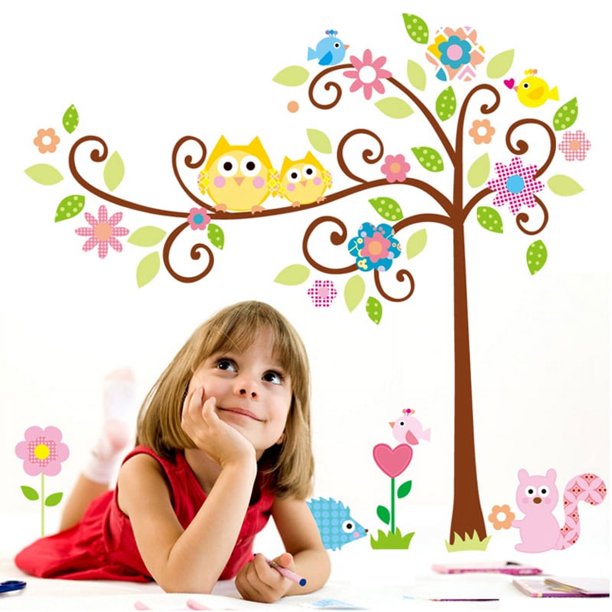 Cute Owl Bird Flower Squirrel Vinyl Mural Art Wall Sticker Decal for kid nursery children Owl Wall Decals
