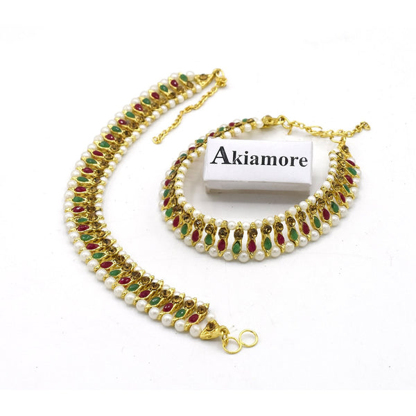 Fancy Golden and White Pearl and Multi Stone Anklets Food Jewellery For Women Fashion Jewellery plfrmga2h-4