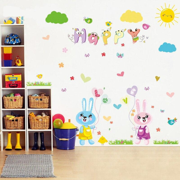 XL8208 cartoon love rabbit butterfly wall birds chicks flower wall stickers for kids rooms bathroom decor wall decals poster