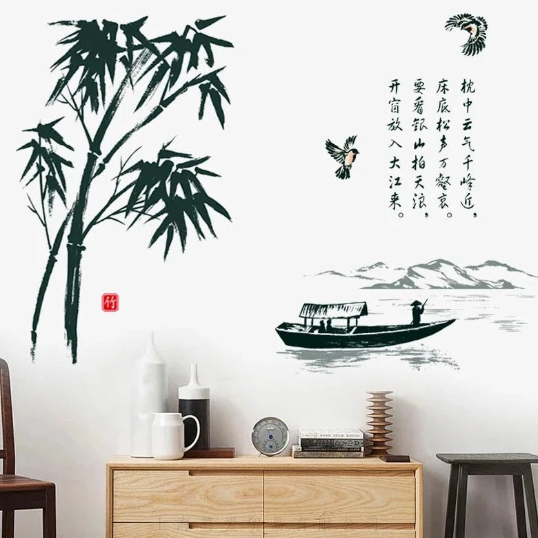 painting landscape boat bamboo wall stickers