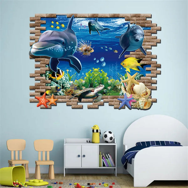 1PC Waterproof 3D Wall Stickers Sea Whale Fish PVC Removable Wallpaper Decals for Kids Room Bathroom Decor