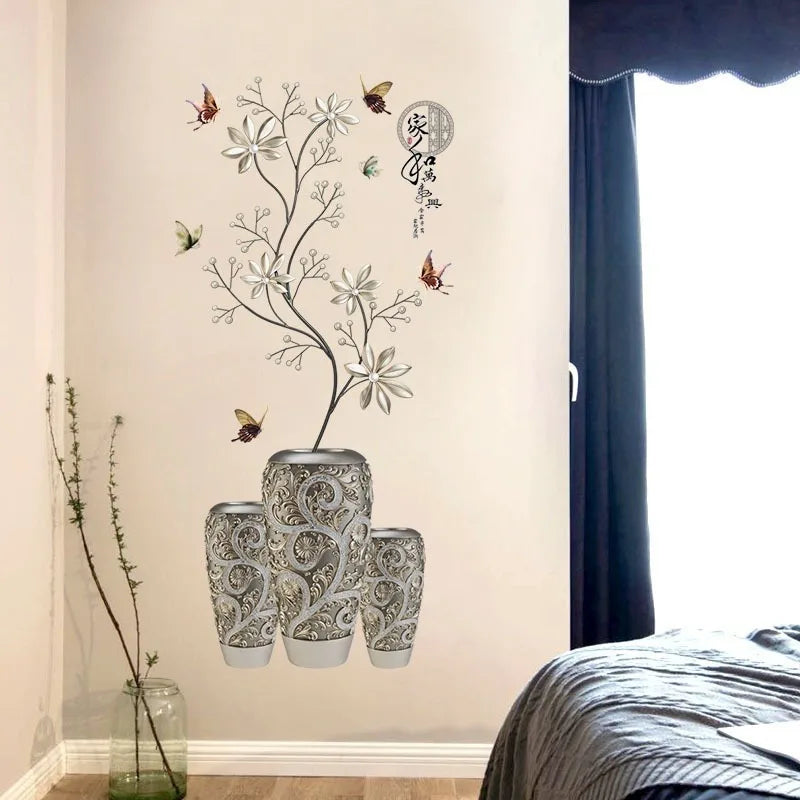 Silver Vase Flower Wall Stickers Art Butterfly Tree Home Decor