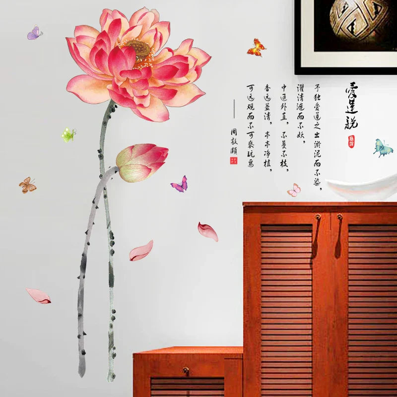 Large 3D Lotus Flower Wall Sticker Chinese Style Living Room Home Decoration Vinyl Bedroom Decoration Wall Paper Poster