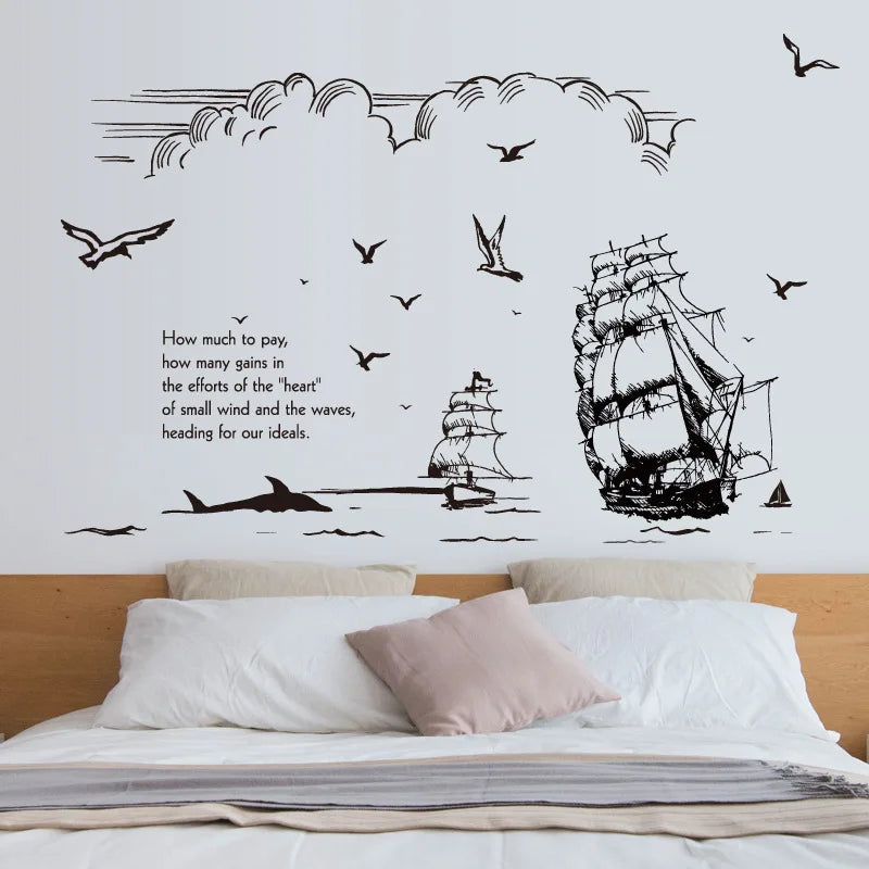 Black Beach Sea Sailboat Lighthouse Birds Wall Sticker Vinyl DIY Mural Art for Living Room Decor