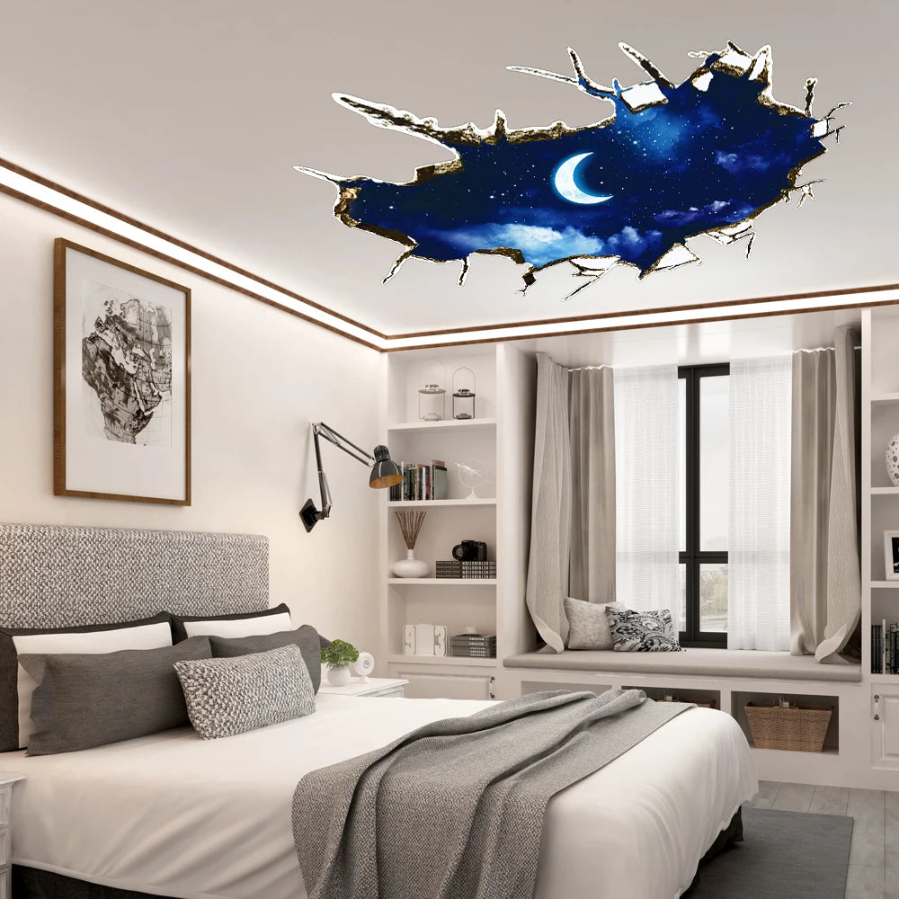 Night Moon Sky Ceiling Wall Stickers 3D Brick Wall for Kids Baby Room Peel & Stick Art Mural Home Decor Restaurant