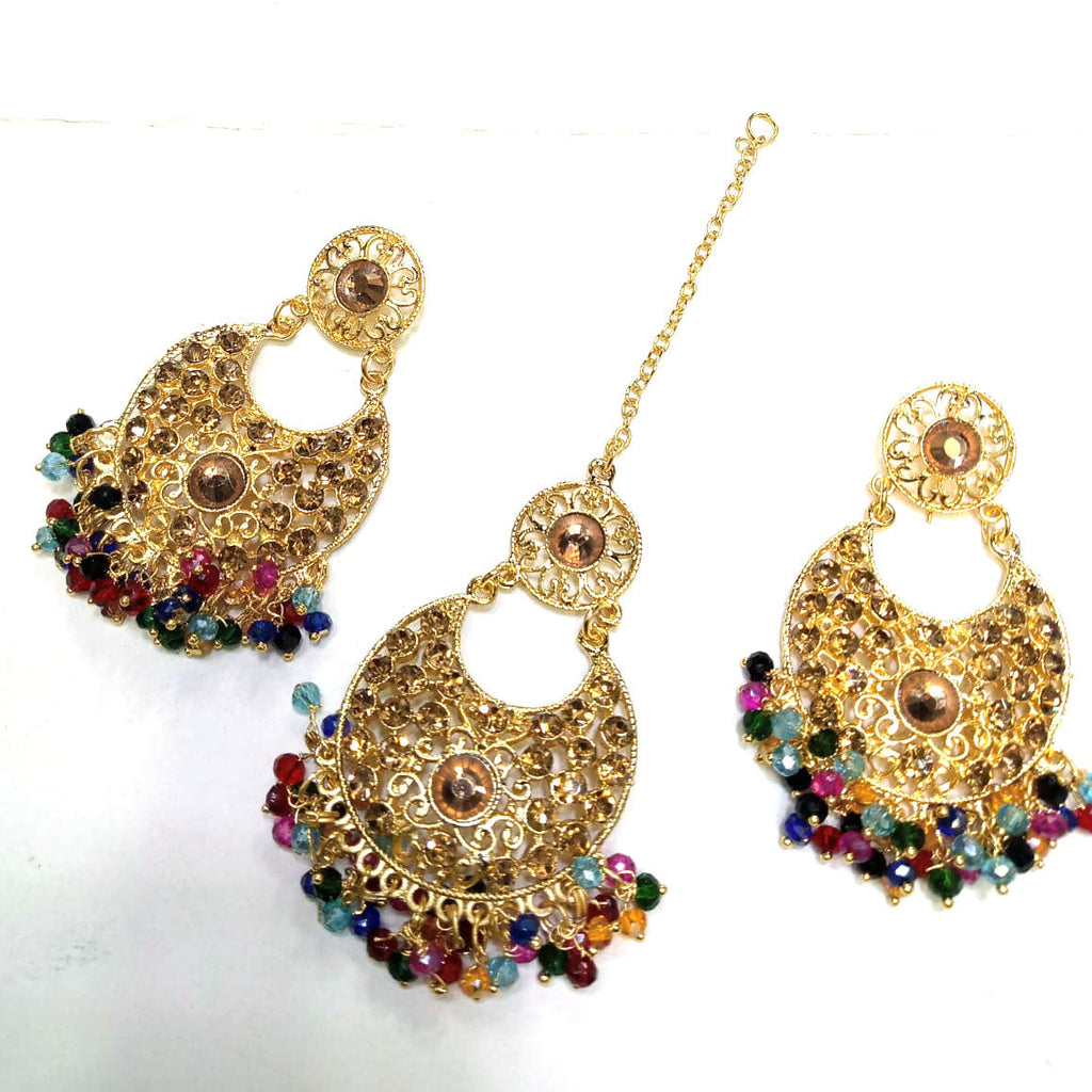 Multi Pearls And Diamond Earrings With Maang Tikka