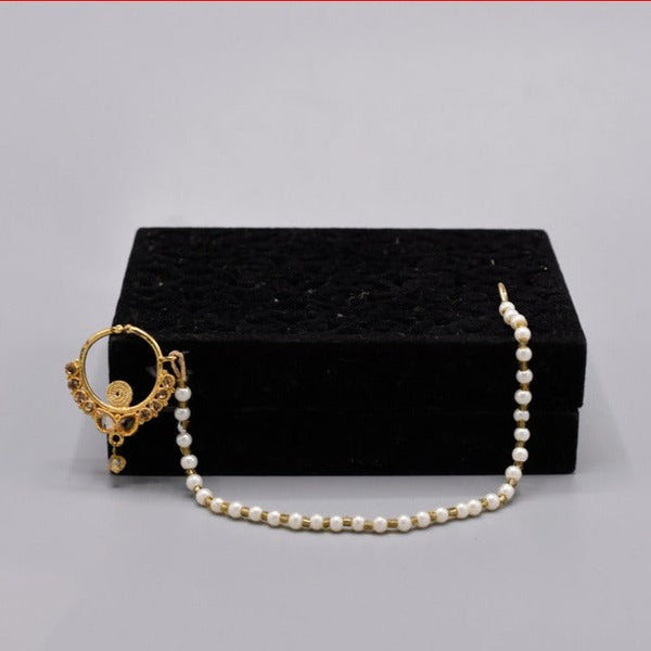 Ladies Indian Style Nose Nath Pearl Stone Line Chain