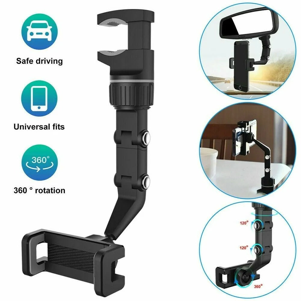 360° Rearview Mirror Phone Holder, Universal Car Phone Holder, for Car Rearview Mirror Cylindrical Mount, Phone and GPS Holder, Suitable for All 4-6.1 Inch Mobile Phones Holder