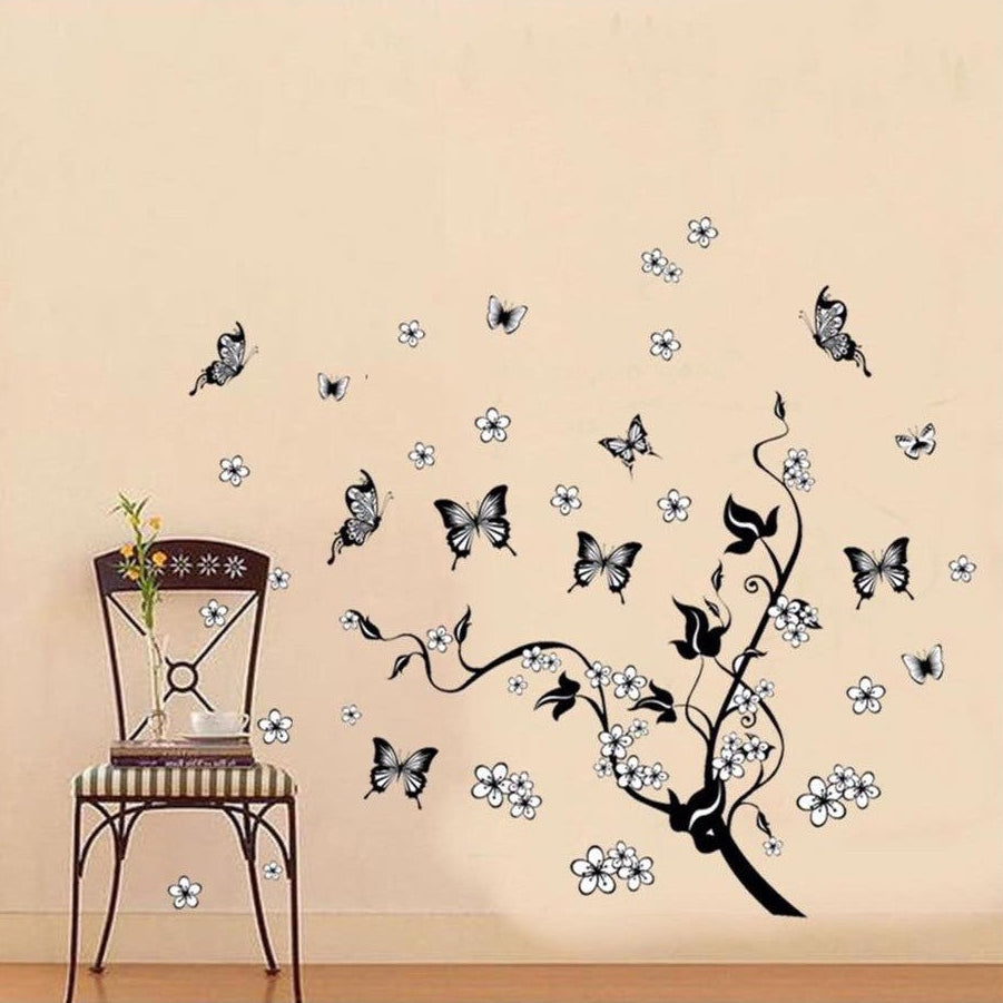AY9124 Black Butterfly Flower rattan DIY Removable Wall Stickers