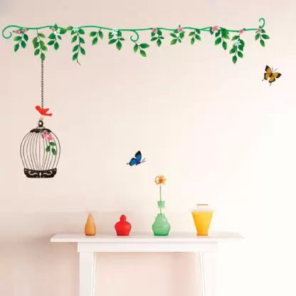 Flower & Green leaves with birdcage & Butterfly Removable Sticker